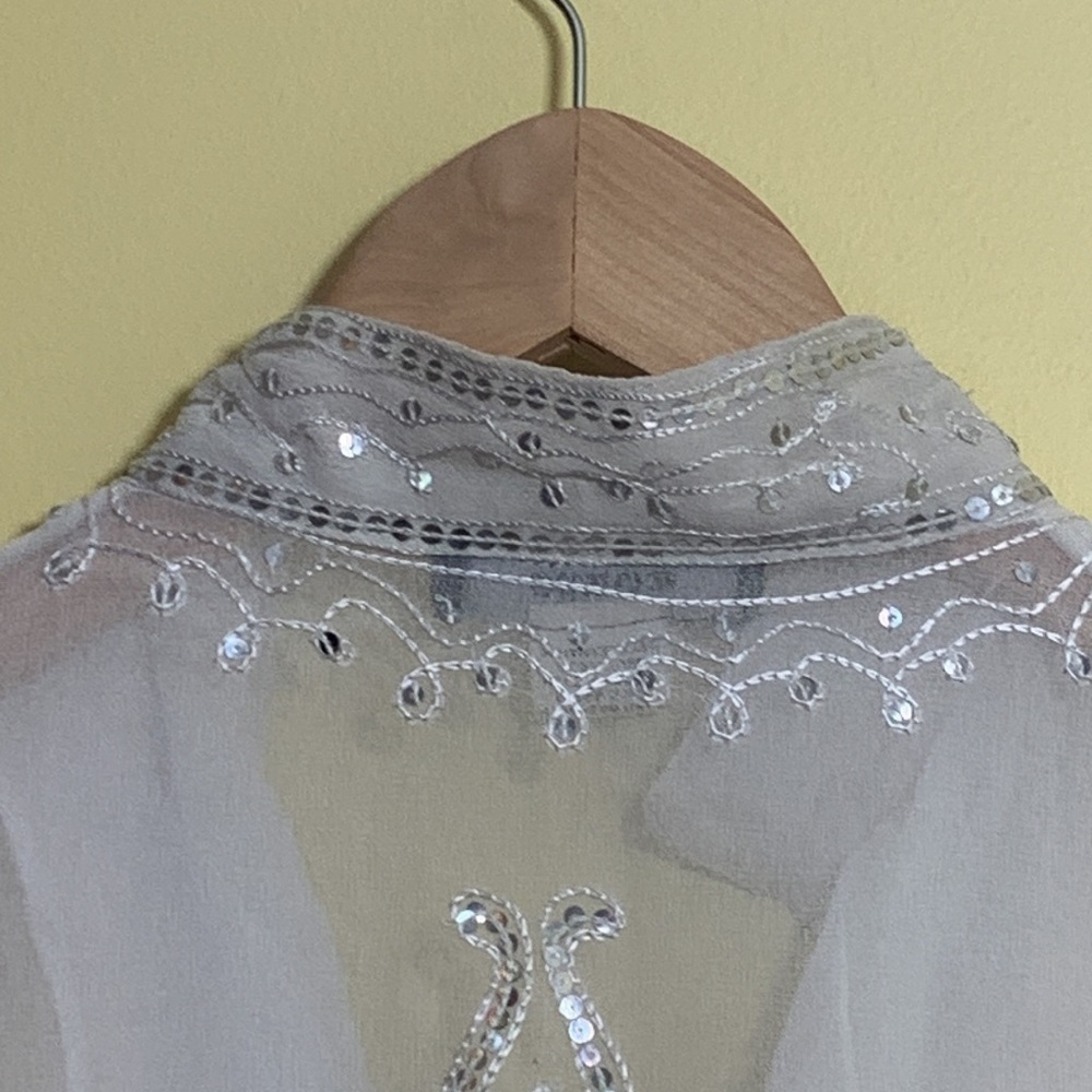 Tokyo Denem White Embroidered Sequin Sheer Long Sleeve Tunic Kimono Dress M - Picture 15 of 17